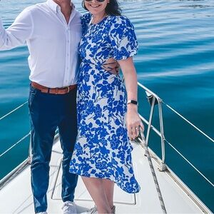 Blue and White Puff Sleeve Midi Sundress